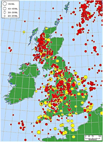 Background seismic activity in the UK. Copyright: British Geological Survey 